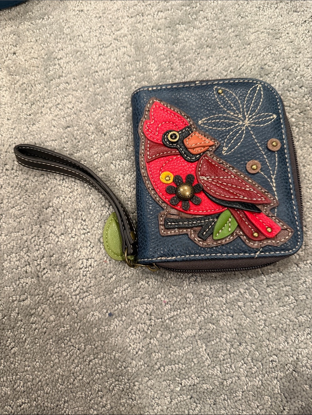 Chala Navy Wristlet Wallet with Red and Orange Cardinal Applique